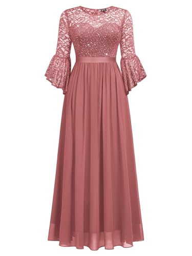 Image of Miusol Women's Formal Sparkle Sequin Lace Bell Sleeve Evening Party Maxi Dress