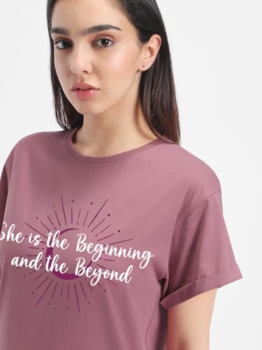 Image of Bewakoof Women's Typography 100% Cotton T-Shirt - Boyfriend Fit, Round Neck, Half Sleeves