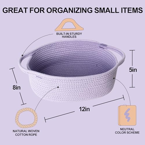 Image of Small Woven Gift Basket, Baskets for Gifts Empty, Cotton Rope Cat Dog Toy Bin Box, Nursery Baby Basket, Wicker Basket with Handles, Shelf Storage Basket for Home Decor, Purple, 12 inchx 8 inchx 5 inch