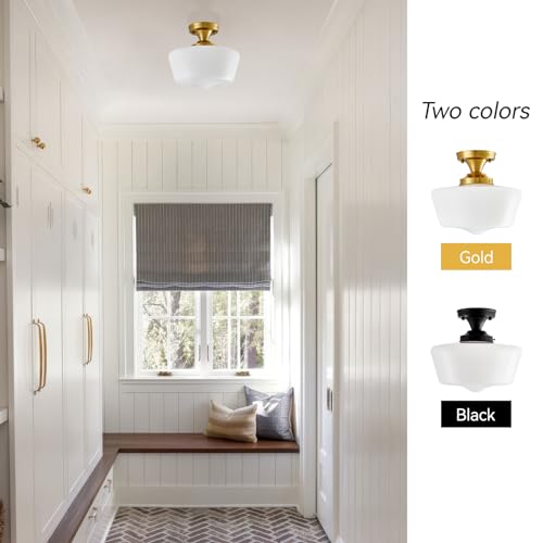 Youngrender C006 Schoolhouse Light Fixture Modern Gold Ceiling Light,Semi Flush Mount Ceiling Light,12''Wide Opal Milk Glass Shade,Brass Vintage Light thumb #6