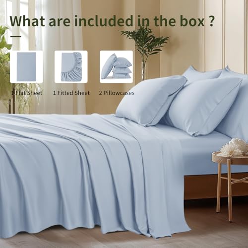 Image of Shilucheng 6 Piece Queen Sheet Sets, Cooling Sheets, Blend Rayon Derived from Bamboo, Deep Pocket Up to 16 inch, Breathable & Soft Bed Sheets, Hotel Silky Bedding Set, Sky Blue