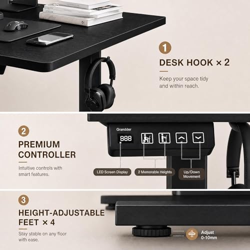 Image of Grandder 63x32 Large Electric Standing Desk, Height Adjustable Computer Desk with 2 Memory Presets, 31.5 inch Deep Desktop Sit Stand Desk Home Office Desk Workstation Table with Hooks, Black