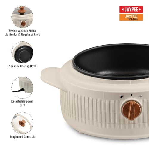 Image of Jaypee Plus Electric CookSmart Casserole with Teflon NonStick Coating Bowl for Reheating & Cooking, Serving Casserole Wooden Finish Lid & Regulator Knob Toughened Glass Lid, 1500 ml, Ivory