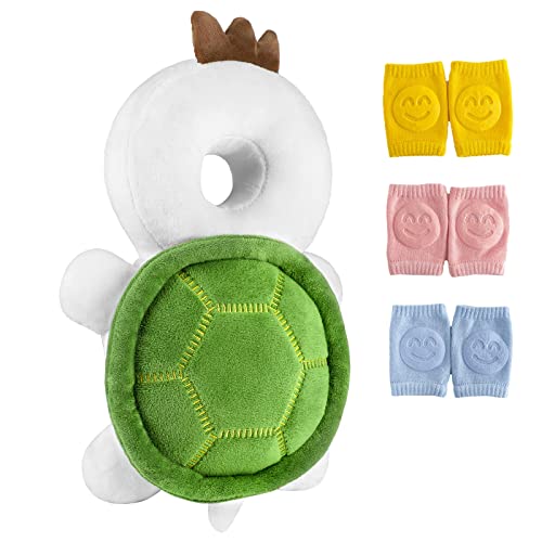 Image of Baby Toddler Head Protector Backpack Head Safety Pad Adjustable Backpack Baby Head Protection with 3 Pairs Baby Knee Pads for Infant Toddler & Walker Walking & Crawling Cute Tortoise HX S4