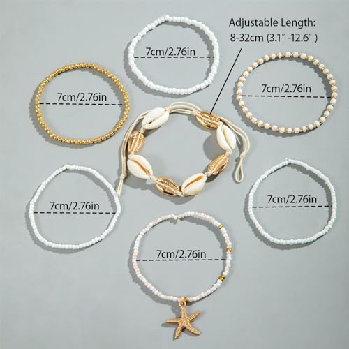 Image of 7 Pack Boho Beaded Shell Anklet Bracelets for Women Colorful Stretch Cowrie Seashell Starfish Ankle Bracelet Stack Adjustable Summer Beach Accessories Cute Hawaiian Jewelry