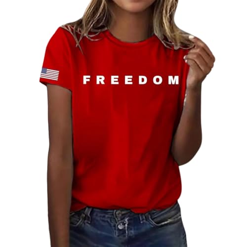 Women Freedom Shirt American Flag Graphic Tees Casual Patriotic Tee Shirt Crew Neck T Shirts USA Short Sleeve Tshirt for Womens Print Merch Tops Woman Womens T-Shirt
