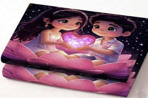 Image of RUMPS 7D Digital Cute Couple Bedsheet with 2 Pillow Covers, King Size Flat Bedsheet 90x100 Inch, Cartoon Love Theme Printed Bedsheet