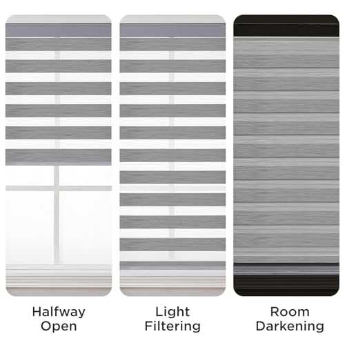 Joydeco Cordless Zebra Blinds for Windows, Dual Layer Light Control Window Blinds with Light-Proof Aluminum Cover, Free-Stop Roller Shades for Home & Office (Grey,18" W x 48" H)