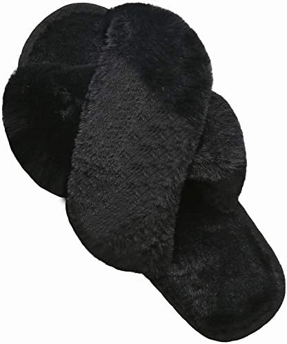 LZLER Women Fuzzy Fluffy Furry Slippers Fur Flip Flop Open Toe Slippers Cross Band Shoes Slides for Ladies House Home Indoor Outdoor