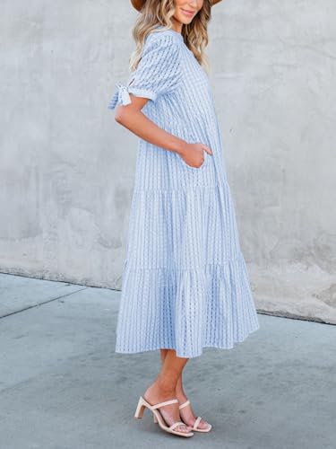 Image of Theenkoln Womens Casual Midi Dress: Short Sleeve V-Neck Empire Waist Gingham Spring Fashion Long Trendy Tiered Formal Dresses