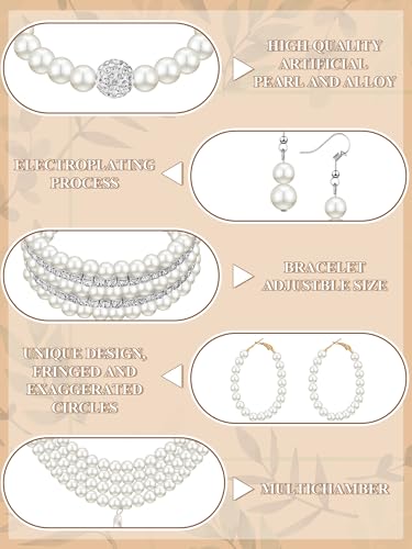 Image of BBTO 8 Pcs Pearl Necklace Earring Set Women Wedding Jewelry | Multi Layer Pearl Necklaces Bracelets, Rhinestones, Pearl Gift for Bridal Shower Birthday, Party Costume Jewelry