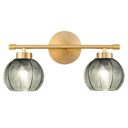 Image of Gold Bathroom Light Fixtures Vanity Wall Light Over Mirror 2-Lights Green Glass Wall Sconces Mid Century Wall Mount Light Fixture Modern Wall Light for Bathroom Stairs Bedside Bedroom