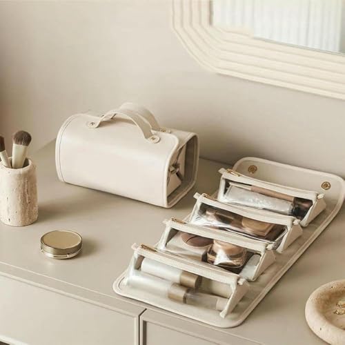 Bolsa de Maquillaje portátil 4 en 1 ZBDZSW para Viajes, Bolsa de Maquillaje Impermeable de Piel sintética, Bolsa de Maquillaje y Lavado de Viaje Enrollable Desmontable
