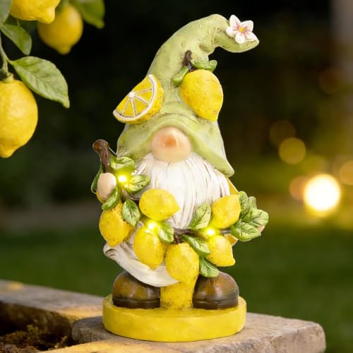 basen Solar Powered Garden Gnome Decor with Lemon Theme, Waterproof