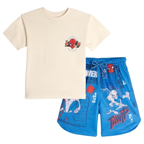 Marvel Spider-Man Big Boys' Allover Print Drawstring Short Sleeve Graphic Tee and Mesh Shorts Outfit Cream Blue Spider Man 10-12