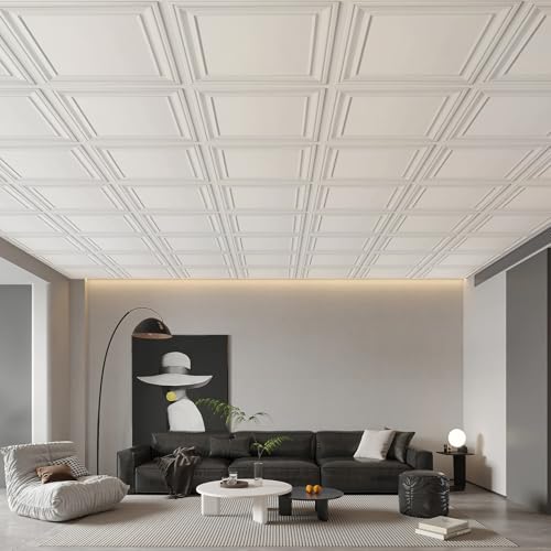 Image of STICKGOO Drop Ceiling Tiles 24x24 Inch, Glue Up Ceiling Panels, Pack of 12 | PVC Waterproof, Prevent Breakage, Easy Installation, Ceiling Covering for Home Office Decor, Cover 48 Sq. Ft, White