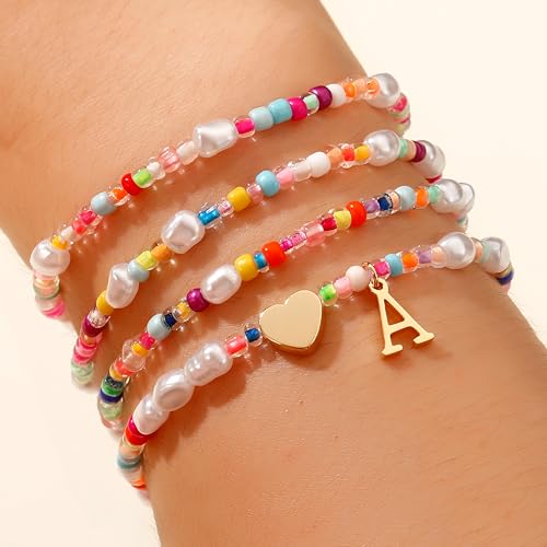 Colorful Initial Bracelets for Girls - 4PCS Gold Stretchable Boho Beaded Pearl Heart Initial Bracelets for Women Teen Girl Gifts Trendy Stuff Cute Stackable Jewelry Set Birthday Gifts2