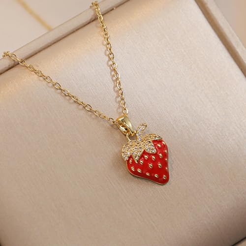 YOOESTORES82 Red Strawberry Pendant Necklace for Women,14K Gold Sparkling Rhinestone Dripping Strawberry Choker Necklace Party Sweet Jewelry Gift4