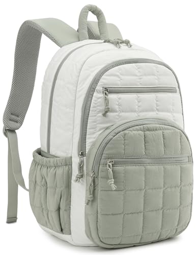 Image of Bookbag for Women, Teen Girls Backpack for High School College Student, Puffer Quilted Back Pack Cute Laptop Backpack for Work Travel Mom Casual Daypack, Beige Green