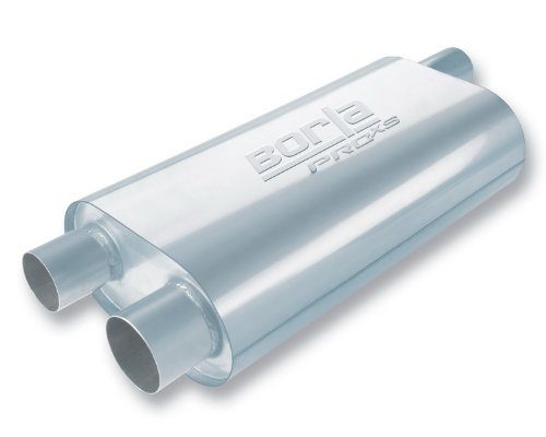 BORLA 40477 Specialty Muffler - Transverse Flow Single 2.5" Offset In/Dual 2.5" Offset Out (Originally for GM F-Body) 6"x10.25" Oval x 19" Long Body 24" OAL. Universal. Reversible. Un-Notched.