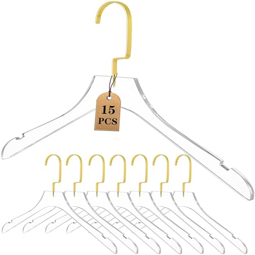 Besser Acrylic Clear Hangers 15 Pack,Acrylic Hanger Premium Quality Crystal Clear Hangers with Gold Hooks Luxury Dress Suit Hangers（Gold Hook）