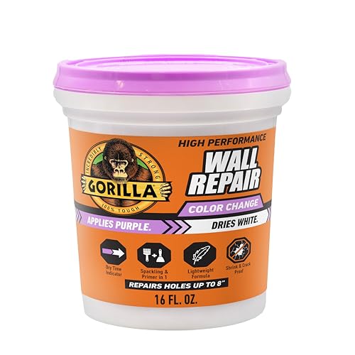 Gorilla High Performance Wall Repair Color Change, 16 Ounce Tub, Applies Purple, Dries White – Spackling & Primer in One, Shrink & Crack Resistant