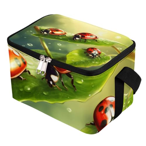 GzLeyigou Lunch Bags for Women Men 9 Cans,Insect Ladybugs Hot & Cold Food Delivery Bag Insulated Grocery Bag Insulated Lunch Box Green Leaves Cooler Bag for Office Work Picnic Beach