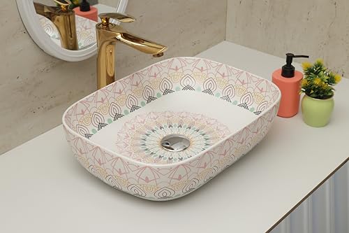 Image of Moroccan Design Ceramic Tabletop Wash Basin | Countertop Vessel Sink | Wash Basin over counter For Bathroom Hotel Home (18x13x5.5 Inch) (TORO 4014) (Moroccan Design 113)