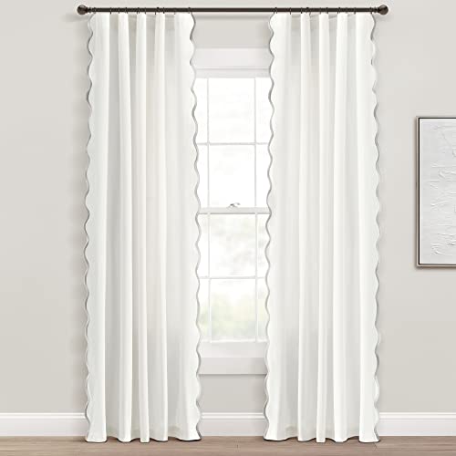 Image of Lush Decor Coastal Chic Scalloped Edge Light Filtering Window Curtain Panels Pair, 52 inch W x 84 inch L, Gray & White - White Curtains for Living Room - Coastal Decor