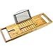 Tregini Luxury Bathtub Caddy - Extendable Bamboo Wood Bath Tray with Adjustable Book, iPad or Kindle Reading Rack - Wine Glass Holder - Cellphone or Tablet Slot