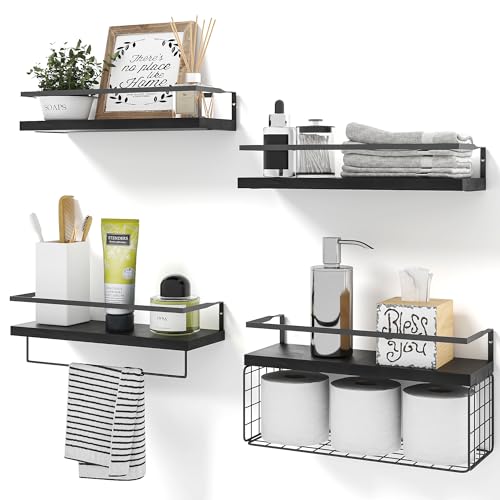 4+1 Wooden Floating Shelves for Wall, Rustic Bathroom Shelves Wal...