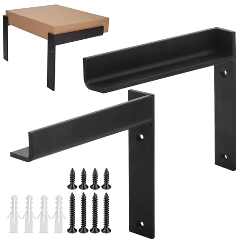 zrfgbxim 2 Pcs Soporte Estanteria Pared Negros, Estante Soportes Estanterias Pared, Escuadras para Estanterias, Soportes en L, Escuadras Metalicas con Bordes Elevados para Estantes