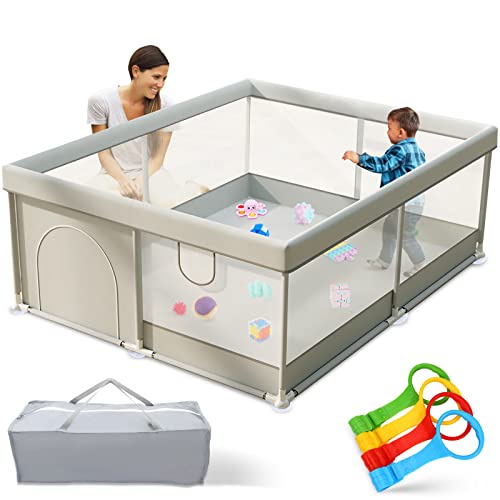 Image of Baby Playpen for Toddler, Large Playard for Babies and Toddlers, 50×50”Indoor & Outdoor Kids Safety Portable Baby Gate Fence with Soft Breathable Mesh and 8 Anti-Slip Base (2023 Upgrade,Gray)