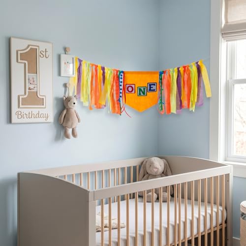 Image of 1st Birthday High Chair Banner, ONE Highchair Banner for Cake Smash, Colorful Circus First Birthday Decorations, Pre-Strung Fabric Tassel Cake Smash Garland Photo Prop