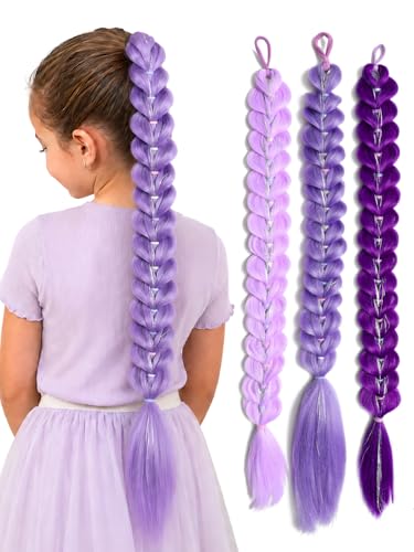 Purple Braids for Kpop Hair Ponytail Extension 24 Inch Pre Braided Long Purple Hair Extensions Synthetic Crazy Hair Day Accessories for School, Ready-to-Wear Lily Love Braids