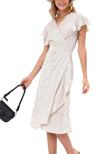 Image of Women's Summer Wrap Maxi Dress Casual Boho Floral V Neck Short Sleeve Ruffle Hem Split Beach Long Dresses
