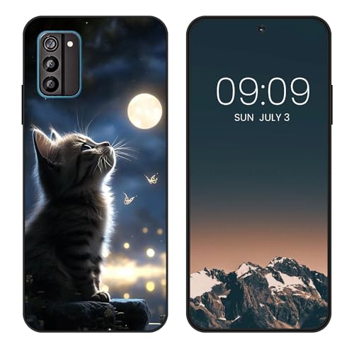 WUACYEAMING Funda Bonita para Nokia G100,Carcasa con Aesthetic Lindo Dibujos,Ultrafina Suave TPU Antigolpes Case Divertidas Diseño Negro-Luna y Gato