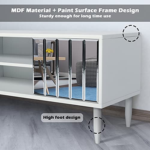 LAZZO Mirrored Modern TV Stand for TVs up to 60\",Entertainment Center Wood TV Console Media Cabinet with Storage Shelves,Television Stand with Mirror Cabinet Doors for Home Living room Bedroom (white)