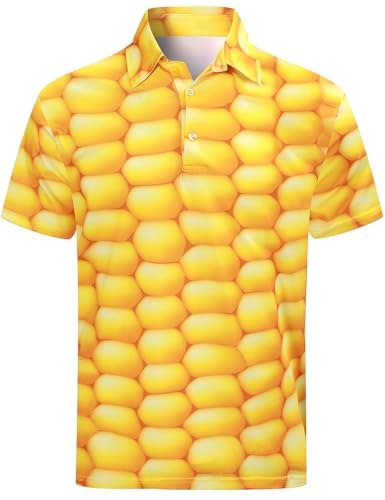 Image of COSAVOROCK Corn Shirts Mens Polo Shirt Short Sleeve Hawaii Printed Fancy Dress, Yellow, XXL