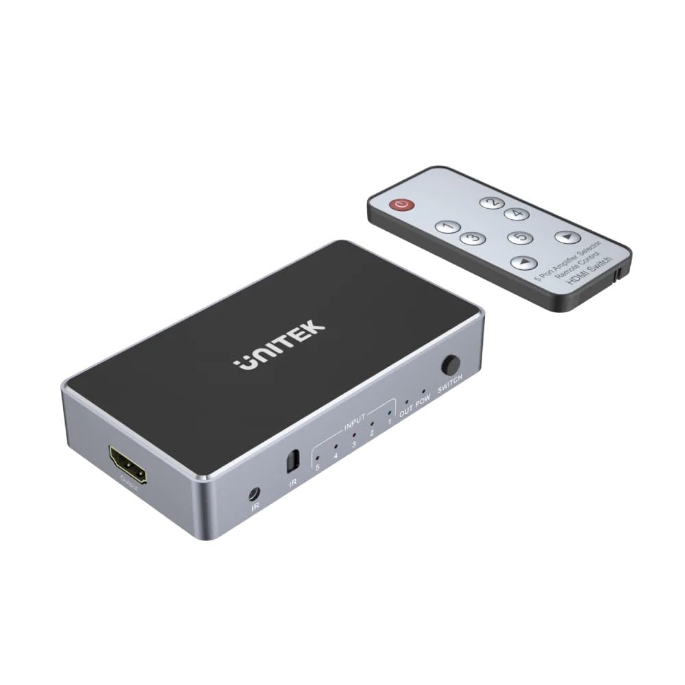 Unitek Splitter HDMI Switch 1.4b 5 IN-1 Out 4K - Con telecomando per 5 sorgenti HDMI - Lettore HD Recorder PC console di gioco - Compatibile con Dolby TrueHD DTS-HD e audio surround 7.1