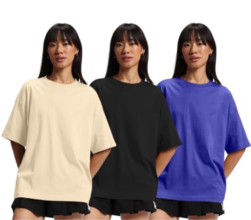 Image of JUNEBERRY 100% Pure Cotton Drop Shoulder Oversized Baggy Fit Half Sleeve Plain Solid Round Neck Multicolor T-Shirt Combo for Women & Girls (Pack of 3) (Sizes S-2XL)