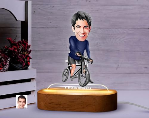 Image of THE GRANDEUR Caricature Gift for Men, Personalized LED Bicycle Cartoon Figurine Gift for Men - Custom Name Light with Wooden Base, Birthday Gift for Him, Cyclist Desk Decor, (15 x 6 cm)