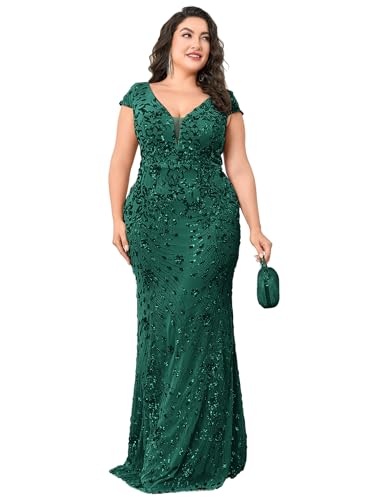 Image of Plus Size Womens Sequined Long Evening Gown Glamous Sleeveless V-Neck Mermaid Prom Dress for Wedding Party