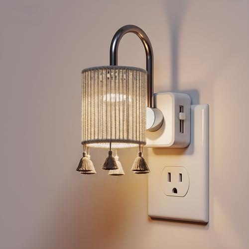 Image of L LOHAS LED Night Lights Plug into Wall, Boho Fabric Cylinder Night Light with Tassel, 0-100LM Dimmable Night Lights, Dusk to Dawn Sensor, Vintage Nightlight for Bedroom, Living Room, Hallway