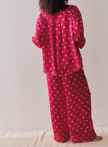 Image of Women Floral Satin Pajamas Long Sleeve Button Shirt Silk Wide Leg Pants Set