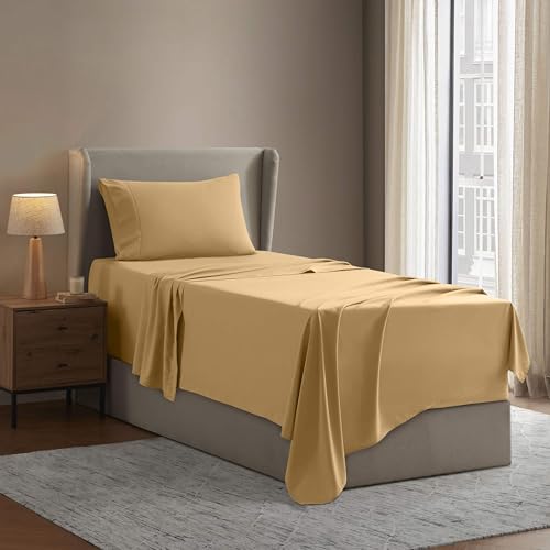 Image of Nestl Twin Bed Sheet Set - Camel Gold - 3-Piece Deep Pocket | Instantly Soft, Night-One Ready (No Wash Required). Fits 16-Inch Deep Pockets, 360-Degree Elastic Grip