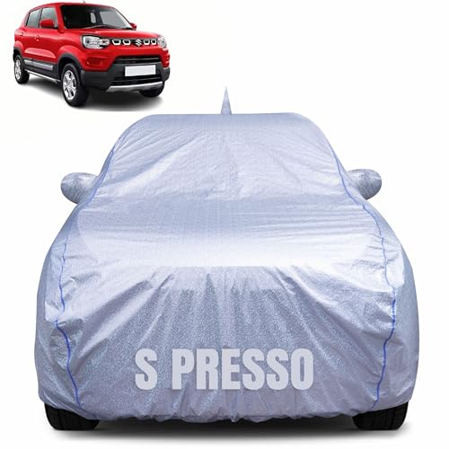 Image of 100% Waterproof Car Body Cover for Maruti Suzuki S presso with Mirror Pocket, Heat & UV Resistant, Triple Stitched, Soft Lining, Bottom Elastic & Piping (Silver Reflective)