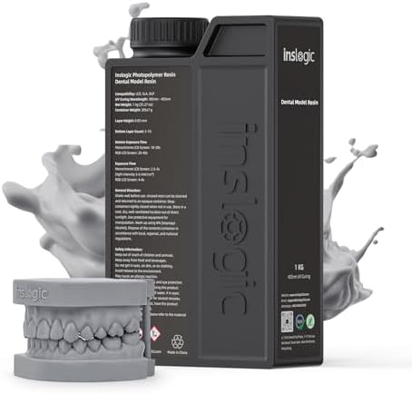 Inslogic Dental Model 3D Printer Resin, High Accuracy Resin for Restorative Models, Low Shrinkage, Low Odor, 405nm UV-Curing Resin for LCD, DLP, SLA 3D Printing (Gray, 1kg)