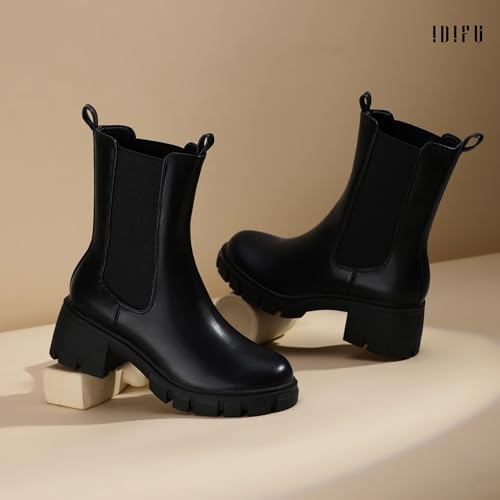 IDIFU IN2 Chelsea Ankle Boots for Women Low Short Block Chunky Heel Mid Calf Slip On Lug Sole Platform Fall Dress Booties Ladies Fashion Comfortable Casual Cute Trendy Elastic Thick Boots4