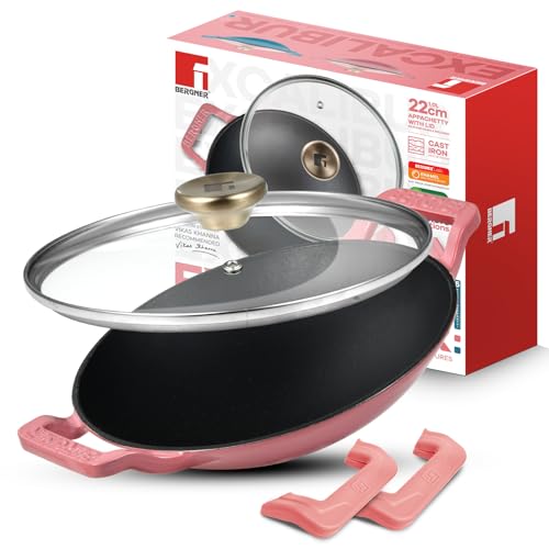 Image of BERGNER Excalibur Lightweight Cast Iron Appachetty with Lid 22cm (1L), Non-Stick Coating, PFAS Free, Perfect Heat Distribution, Elegant Design, Silicone Grips - Induction and Gas Stove Ready (Pink)